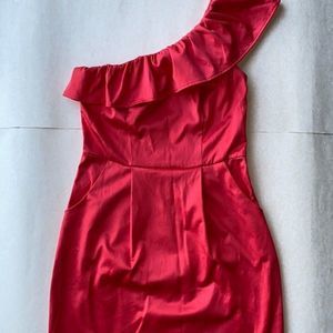 Forever 21 Pink Satin One Shoulder Dress w/ Ruffle and pockets Size Small
